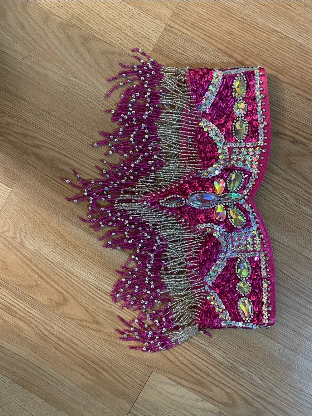 FY Kiss Hot Pink Rhinestone Beaded Fringe Belly Dance Costume Bra & Hip Belt 34D